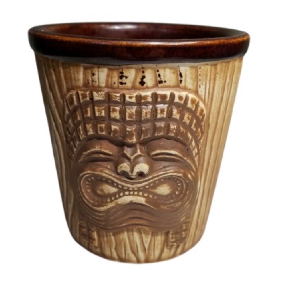 Vintage OMC three faces tiki 4” barware brown ceramic bucket mugs lot of 2